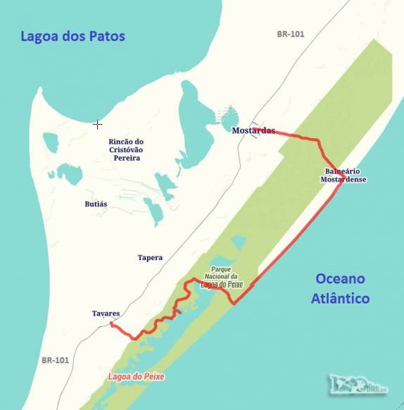 Nosso percurso por mais de 40 km de trilhas no Parque Nacional da Lagoa do Peixe e pela Praia do Farol até o Balneário Mostardense. Saímos da BR-101 um pouco antes de Tavares e retomamos a estrada na cidade de Mostardas, no Rio Grande do Sul